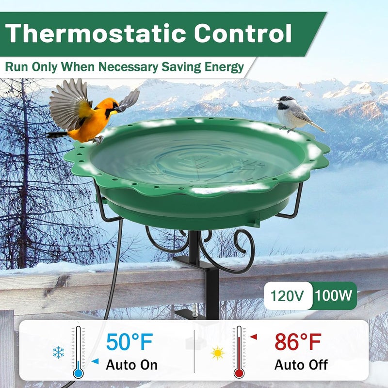 We-buys Heated Bird Baths for Outdoors, 100W Heated Bird Bath for Deck Railing, Heated Birdbath with Thermostat Control, Heated Bird Bath for Outside Winter Garden Patio Yard (Green) - Image 3